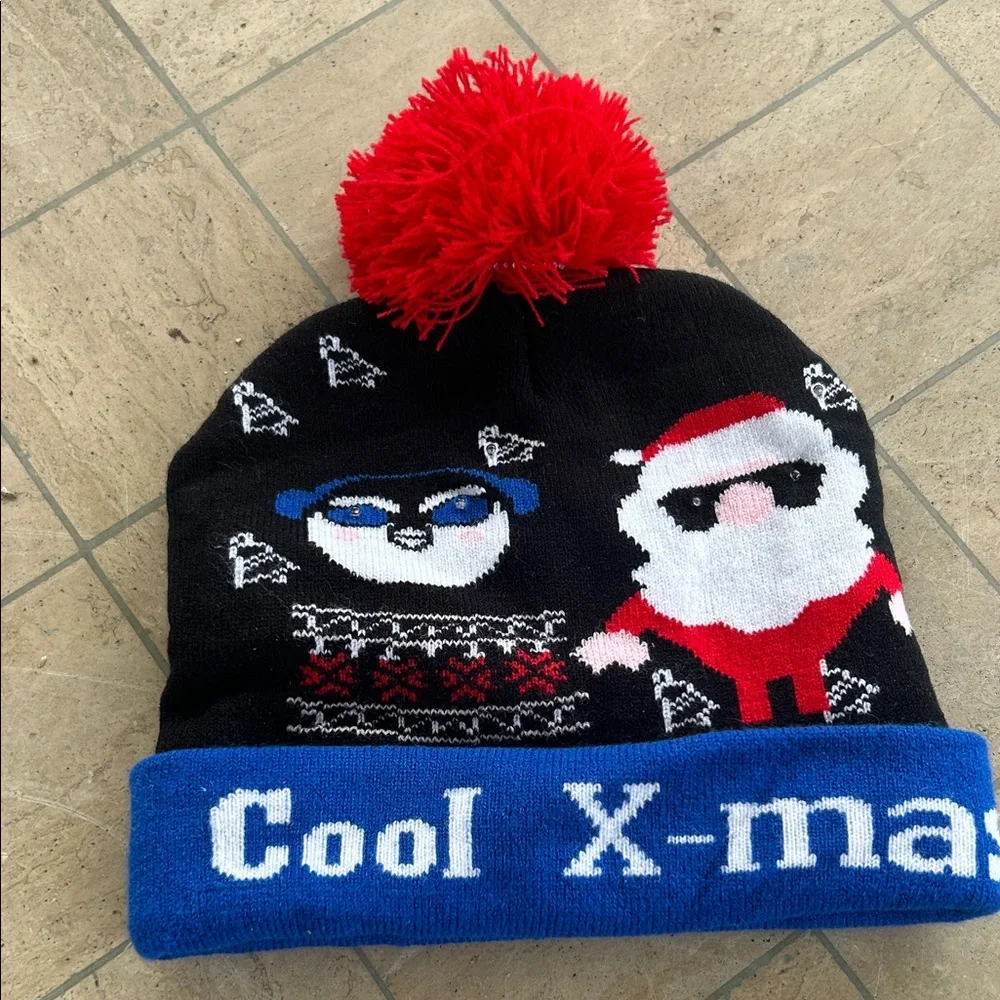 Cool X-mas Black Knit Pom Beanie with Red Pom. Lights up with On/Off button